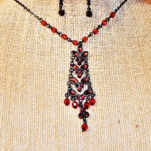 Dramatic Red Rhinestone Drop Gun Metal Necklace (Necklace ONLY)